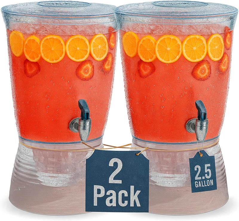 GRAXON Drink Dispensers for Parties (2.5 Gallon) Large Plastic Water Dispenser for Counter Tops, No Mess, Easy to Assemble & Wash, Up to 40 Drinks, For Drinks, Juice, Punch & Water (2 Pack) - Image 1